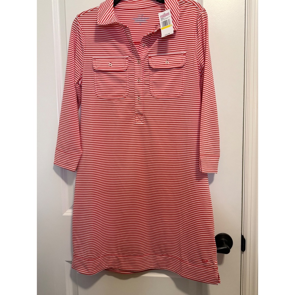 Vineyard Vines UPF 50 Shirt Dress Medium Red White NEW Performance Margo Striped